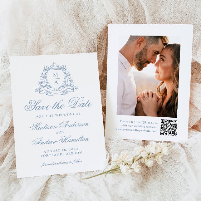 Reserva La Fecha Elegante Escudo Floral Azul Monograma Boda de foto (Subido por el creador)