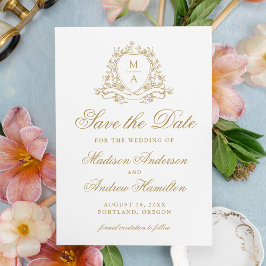 Reserva La Fecha Elegante Escudo floral dorado Monograma Boda