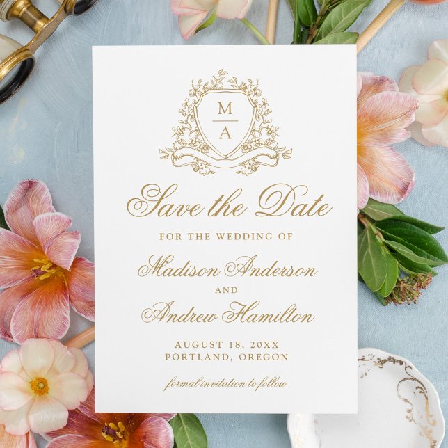 Reserva La Fecha Elegante Escudo floral dorado Monograma Boda (Subido por el creador)