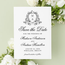 Reserva La Fecha Elegante Escudo floral negro Boda Monograma