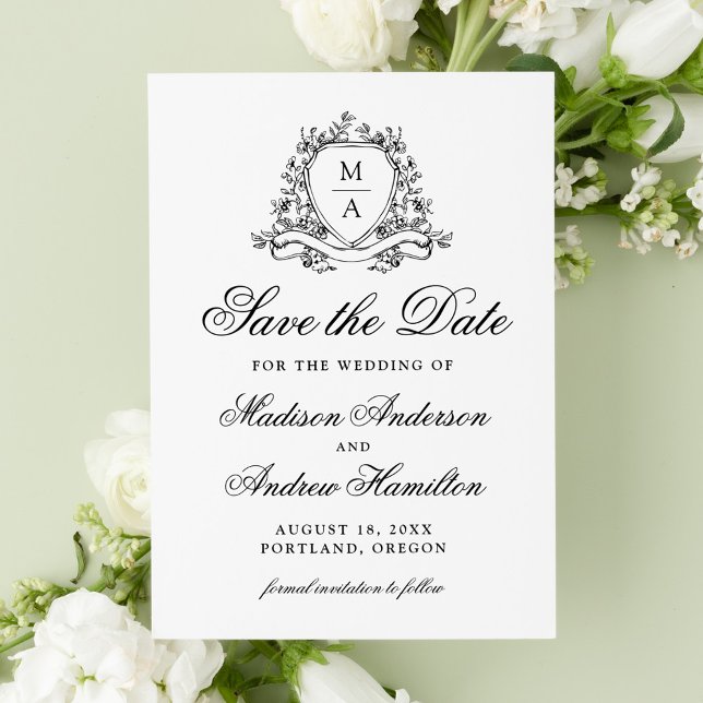 Reserva La Fecha Elegante Escudo floral negro Boda Monograma (Subido por el creador)