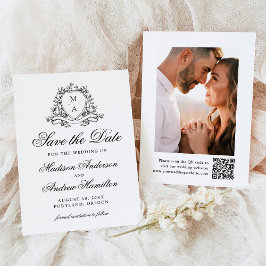 Reserva La Fecha Elegante Escudo floral negro Monograma Boda de fot