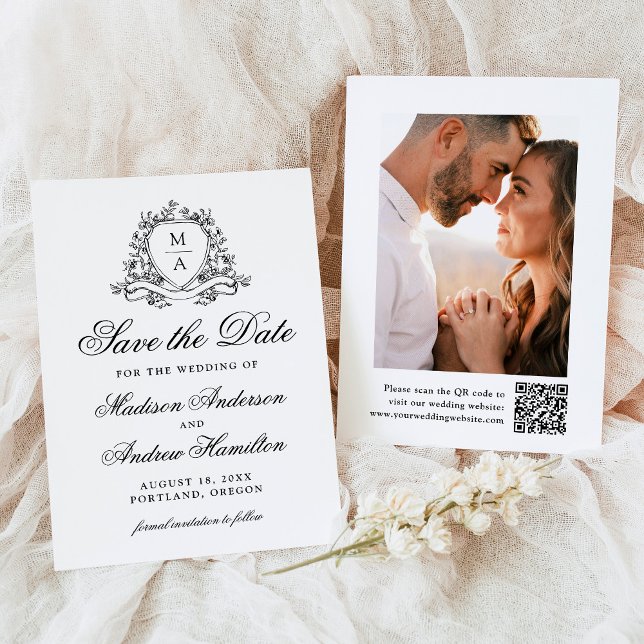 Reserva La Fecha Elegante Escudo floral negro Monograma Boda de fot (Subido por el creador)