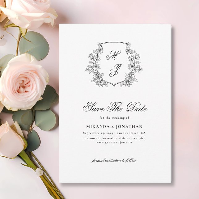 Reserva La Fecha Elegante Escudo Monograma Foto Boda blanco negro (Subido por el creador)