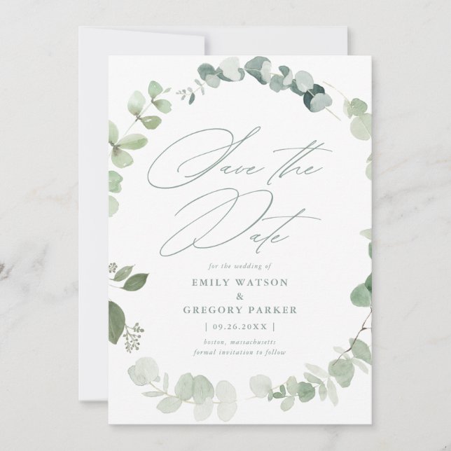 Reserva La Fecha Elegante Eucalyptus Calligraphy Sage Boda (Anverso)