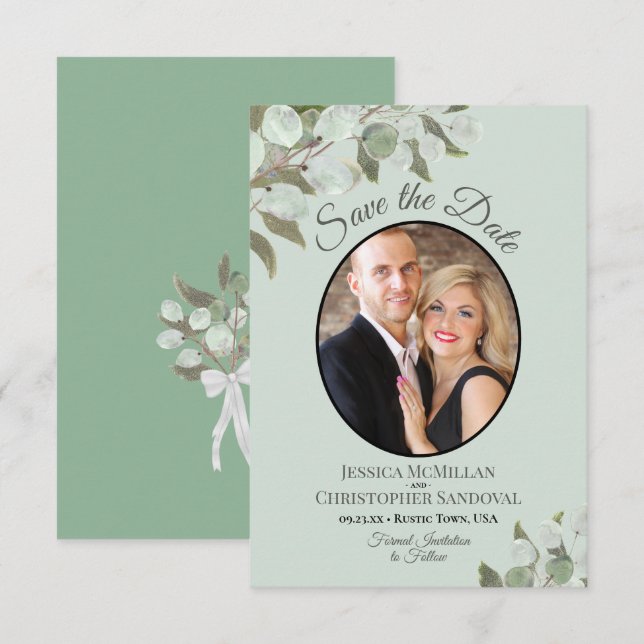Reserva La Fecha Elegante Eucalyptus Greenery & Photo Mint Boda (Anverso / Reverso)