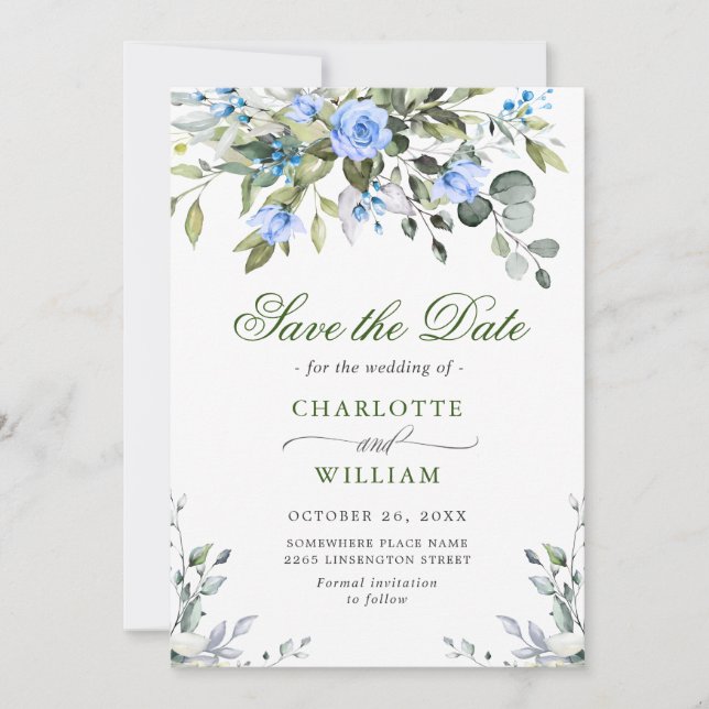 Reserva La Fecha Elegante Eucalyptus Rosas Azules Boda Floral (Anverso)