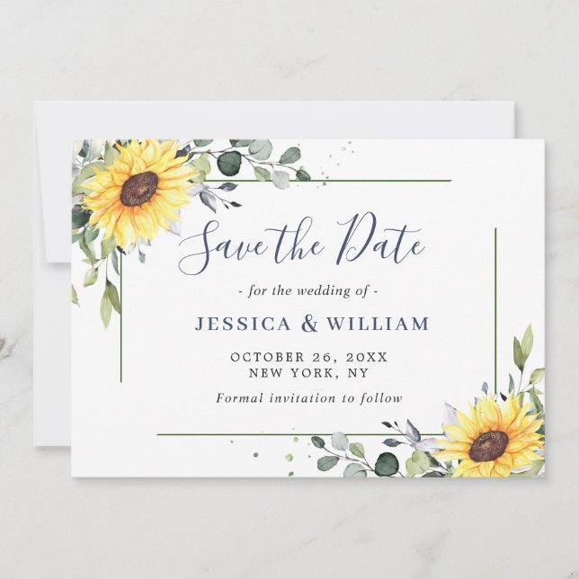 Reserva La Fecha Elegante Eucalyptus Sunflower Floral Boda (Anverso)