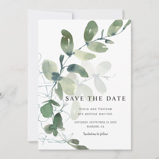 Reserva La Fecha Elegante Eucalyptus Watercolor Boda (Anverso)