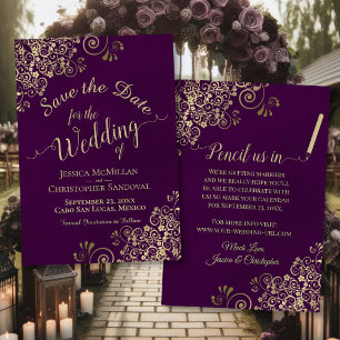 Reserva La Fecha Elegante Fancy Gold Filigree en Plum Purple Boda