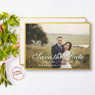 Reserva La Fecha Elegante Faux Gold Script Guardar la fecha con fot