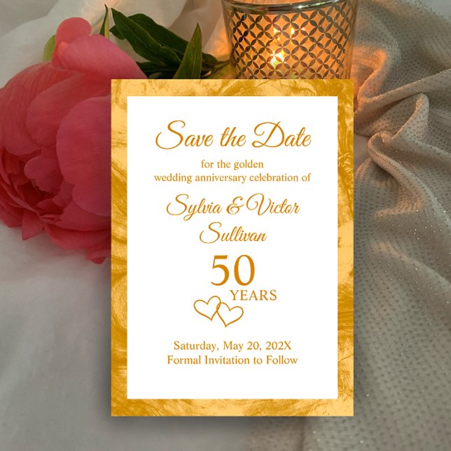 Reserva La Fecha Elegante fiesta de aniversario número 50 dorada pe (Customize this save the date invitation for the perfect golden elegant 50th wedding anniversary card)