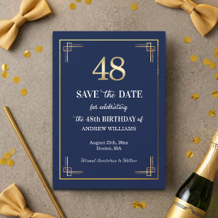 Reserva La Fecha Elegante Fiesta de Cumpleaños 48 Azul y Oro