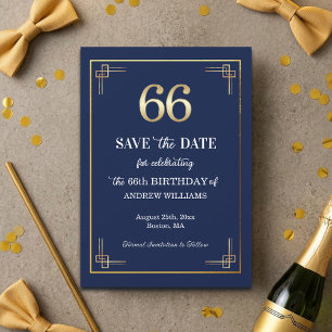 Reserva La Fecha Elegante Fiesta de Cumpleaños 66 Azul y Oro