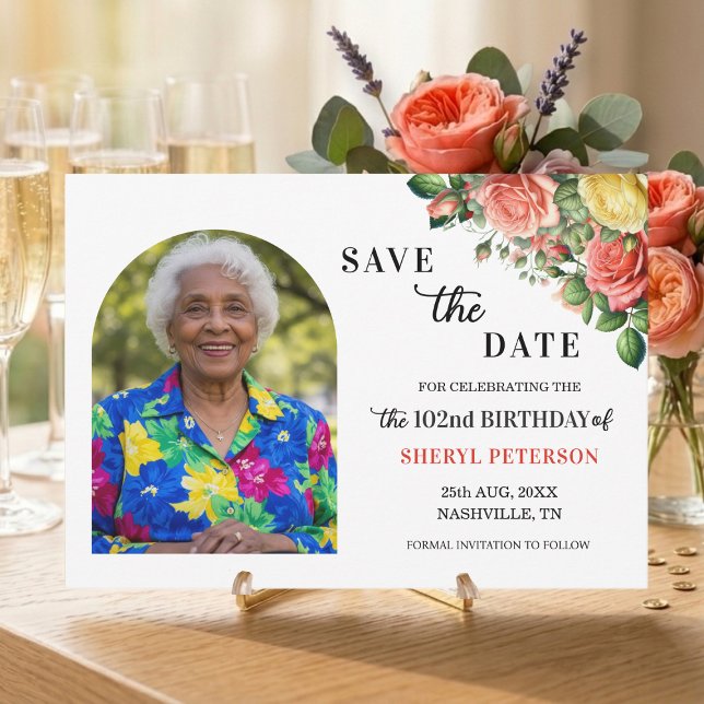 Reserva La Fecha Elegante fiesta de cumpleaños número 102 con flore (Subido por el creador)
