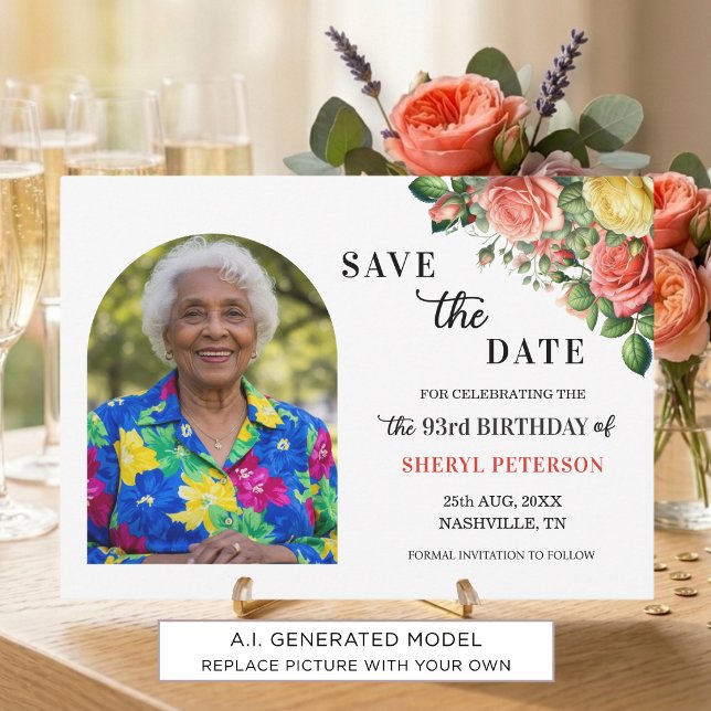 Reserva La Fecha Elegante fiesta de cumpleaños número 93 con flores (Subido por el creador)