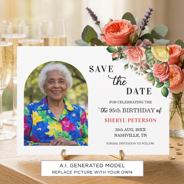 Reserva La Fecha Elegante fiesta de cumpleaños número 95 con flores (Subido por el creador)
