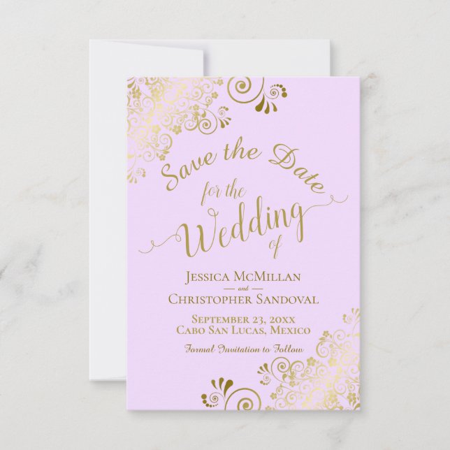 Reserva La Fecha Elegante filigrí de encaje dorado en Boda Lilac Pu (Anverso)