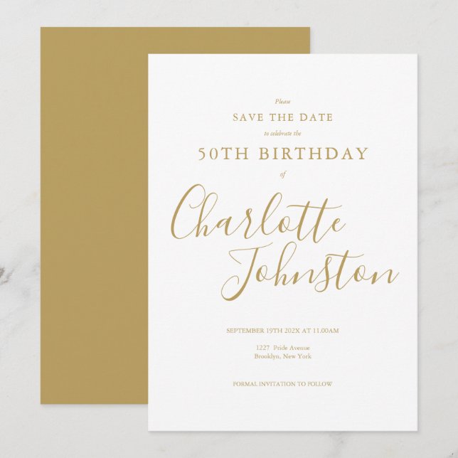 Reserva La Fecha Elegante firma de oro para cumpleaños de cualquier (Anverso / Reverso)