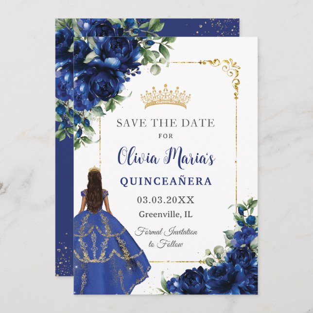 Reserva La Fecha Elegante flor azul real Princesa Quinceañera (Anverso / Reverso)