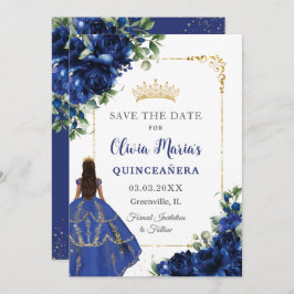 Reserva La Fecha Elegante flor azul real Princesa Quinceañera