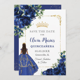 Reserva La Fecha Elegante flor azul real Princesa Quinceañera