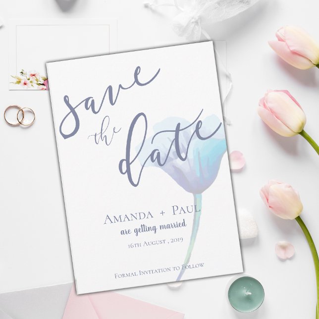 Reserva La Fecha Elegante Flor Azul Simple Script boda Floral (Elegant Blue Flower Simple Script Floral wedding Save The Date)