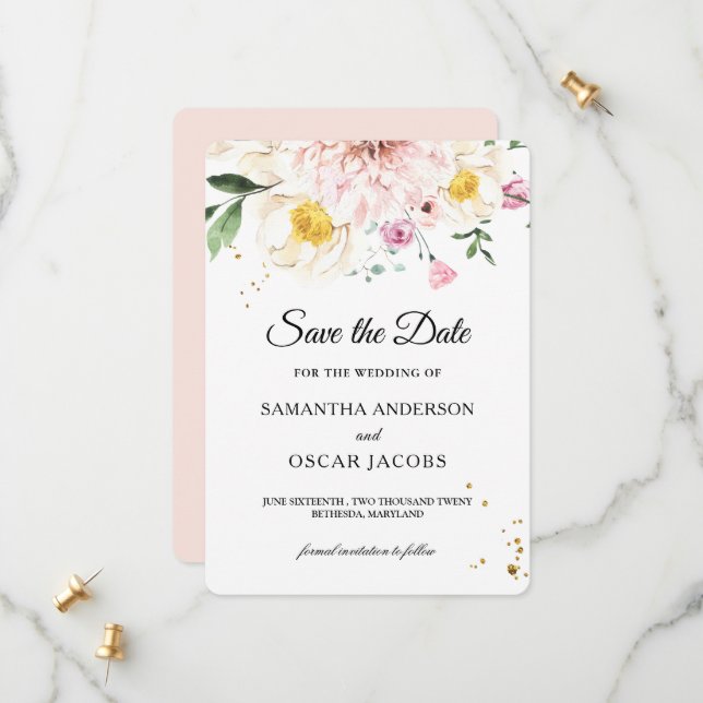 Reserva La Fecha Elegante Floral Acuarela Rosa y Amarilla (Anverso/Reverso In Situ)