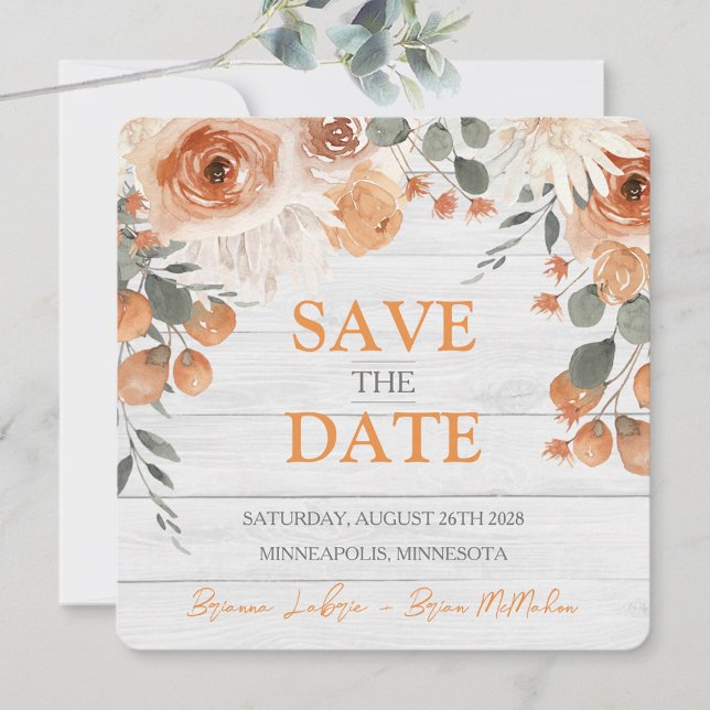 Reserva La Fecha Elegante Floral Acuarela y Madera para Boda Cuadra (Elegant Watercolor Floral & Wood Wedding Square Save The Date)