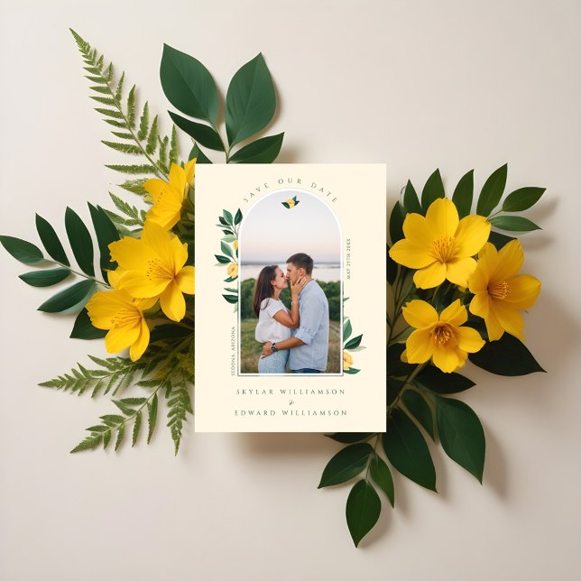Reserva La Fecha Elegante floral Arco de limón floral foto amarillo (Elegant Floral Lemon Tree Arch Photo Yellow Save The Date)