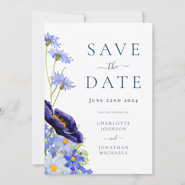 Reserva La Fecha Elegante Floral Azul de Boda de Verano (Anverso)