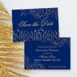 Reserva La Fecha Elegante floral azul real y Bella Artes dorado<br><div class="desc">Elegante Guardar las tarjetas de fecha que puede personalizar para cualquier evento. El delicado diseño floral incluye arte fino, dibujos esquemáticos de flores y hojas en oro sobre un fondo azul real. Un lado de la tarjeta dice "Save the Date" (Guardar la fecha) en una hermosa tipografía de escritura. El...</div>