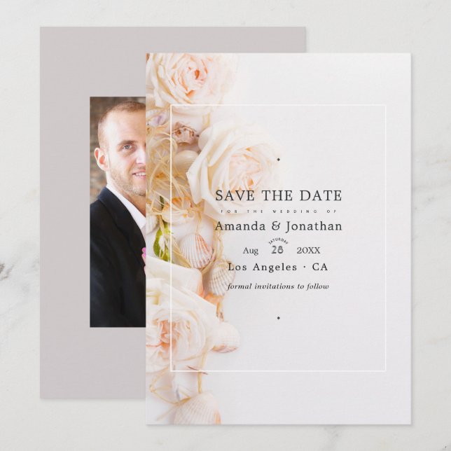 Reserva La Fecha Elegante Floral Beach Wedding Photo (Anverso / Reverso)