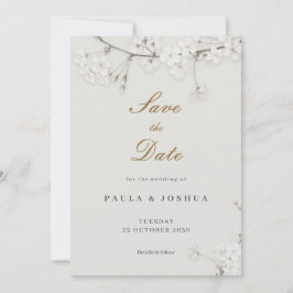 Reserva La Fecha Elegante Floral Blanco con Guión Dorado para Guard