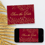 Reserva La Fecha Elegante floral borgoñona y Bella Artes dorada<br><div class="desc">Elegante Guardar las tarjetas de fecha que puede personalizar para cualquier evento. El delicado diseño floral presenta obras de arte refinadas, dibujos esquemáticos de flores y hojas en oro sobre un fondo burdeos. Un lado de la tarjeta dice "Save the Date" (Guardar la fecha) en una hermosa tipografía de escritura....</div>