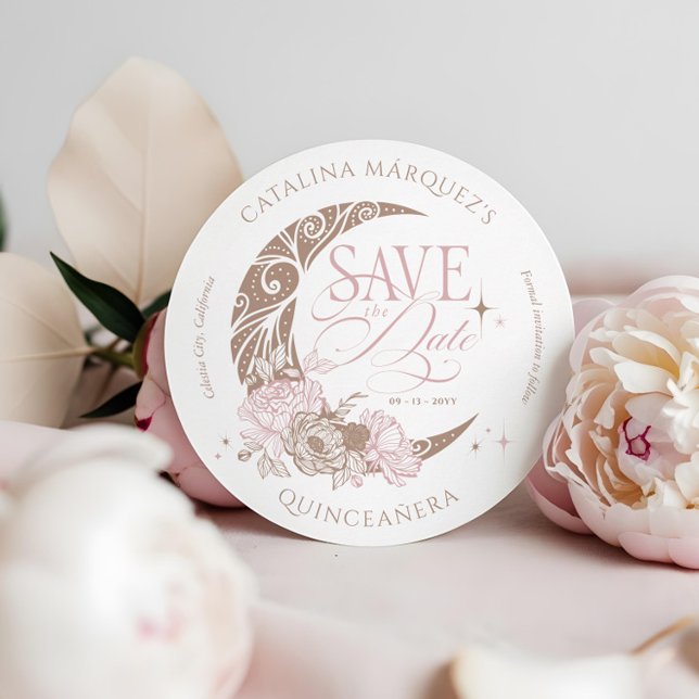 Reserva La Fecha Elegante Floral Celestial Estrellas de la Luna Qui (Elegant Floral Celestial Moon Stars Quinceanera Save The Date)