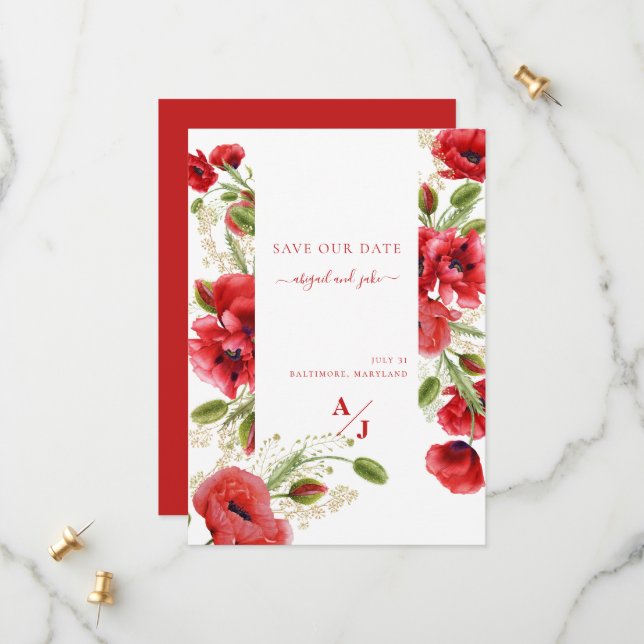Reserva La Fecha Elegante Floral De Adormidera Roja (Anverso/Reverso In Situ)