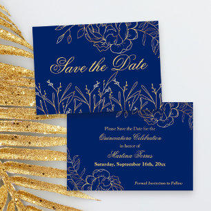 Reserva La Fecha Elegante Floral de Arte Fino Azul Real y Dorado