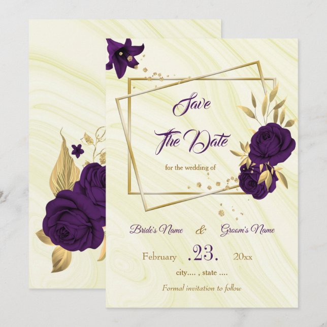 Reserva La Fecha elegante floral de oro púrpura real (Anverso / Reverso)