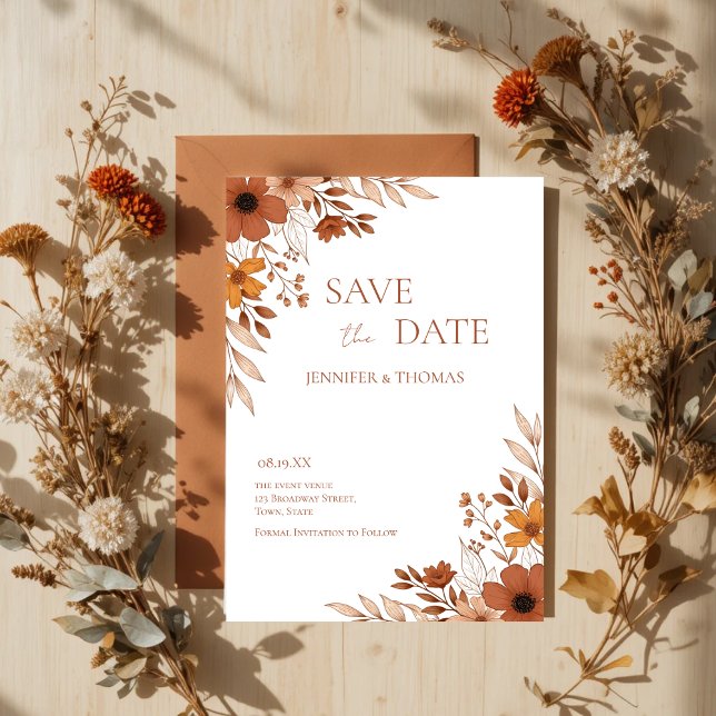 Reserva La Fecha Elegante Floral de Terracota Dibujado a Mano para  (Elegant Terracotta Floral Hand-Drawn Save the Date)
