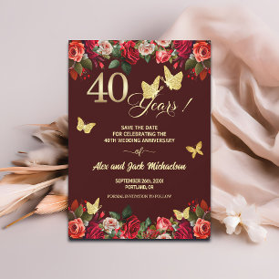 Reserva La Fecha Elegante Floral Dorado 40 Aniversario de Boda  