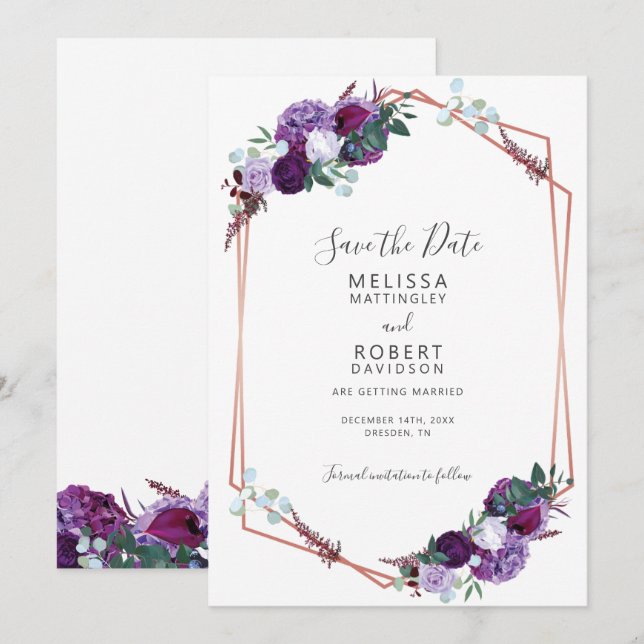 Reserva La Fecha Elegante Floral Geométrico Púrpura Script (Anverso / Reverso)