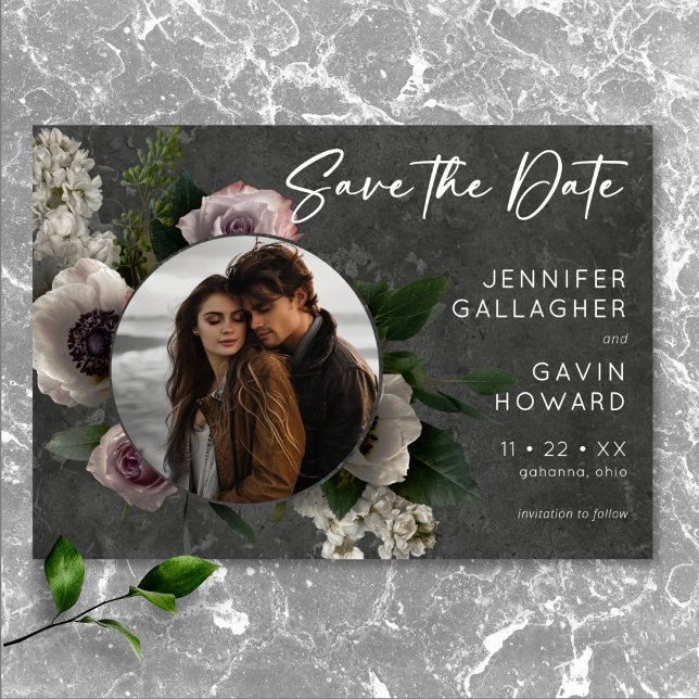 Reserva La Fecha Elegante Floral Moderna Foto de Boda Gris Carbón (Charcoal Gray Elegant Floral Modern Wedding Photo Save The Date)