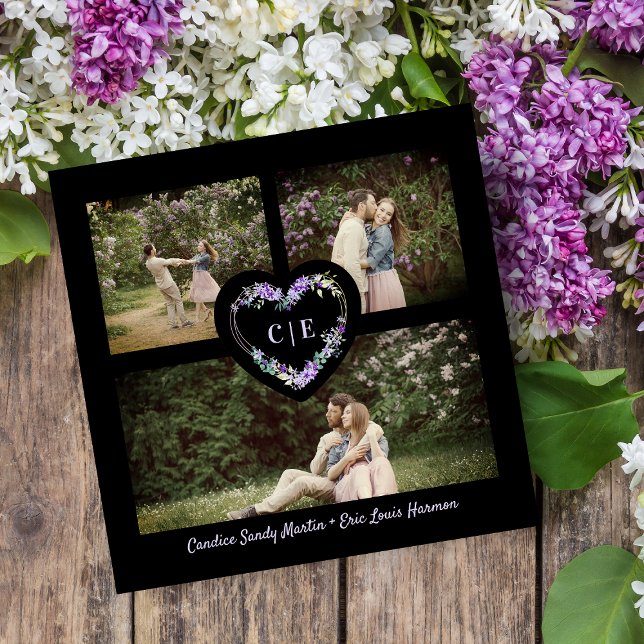 Reserva La Fecha Elegante Floral Purple Heart 3 Fotos Engagement (Subido por el creador)