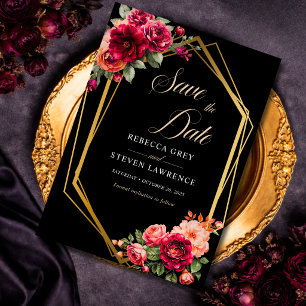 Reserva La Fecha Elegante floral rojo negro temperamental boda romá