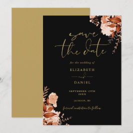Reserva La Fecha Elegante Floral Rústico Negro y Dorado Boda