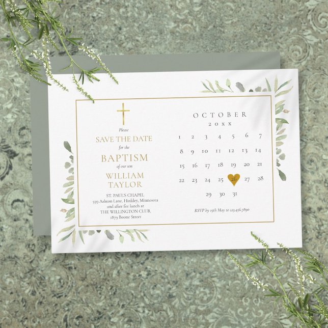 Reserva La Fecha Elegante Floral Verde de Bautizo (Elegant Greenery Floral Baptism Christening Save The Date)