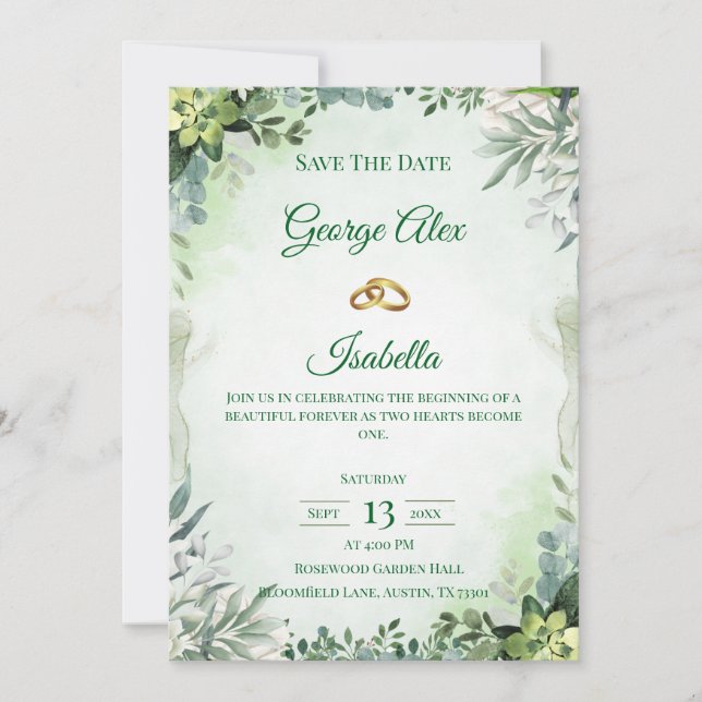 Reserva La Fecha Elegante floral verde salva al Boda de citas (Anverso)