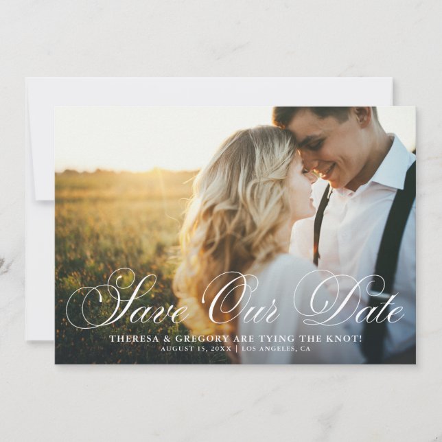 Reserva La Fecha Elegante Flourish Script Photo Save Our Date (Anverso)