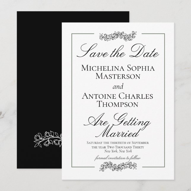 Reserva La Fecha Elegante Formal Tradicional Negro Blanco | Boda (Anverso / Reverso)